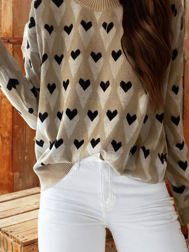 Valentine Geometric Heart Print Ribbed Trim Loose Sweater for wholesale by fashionworks