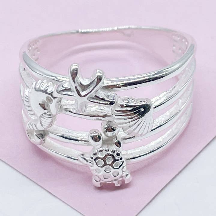 Ring met oceaanthema van 925 sterling zilver met gestempeld zeepaardje, voor wholesale door Milie