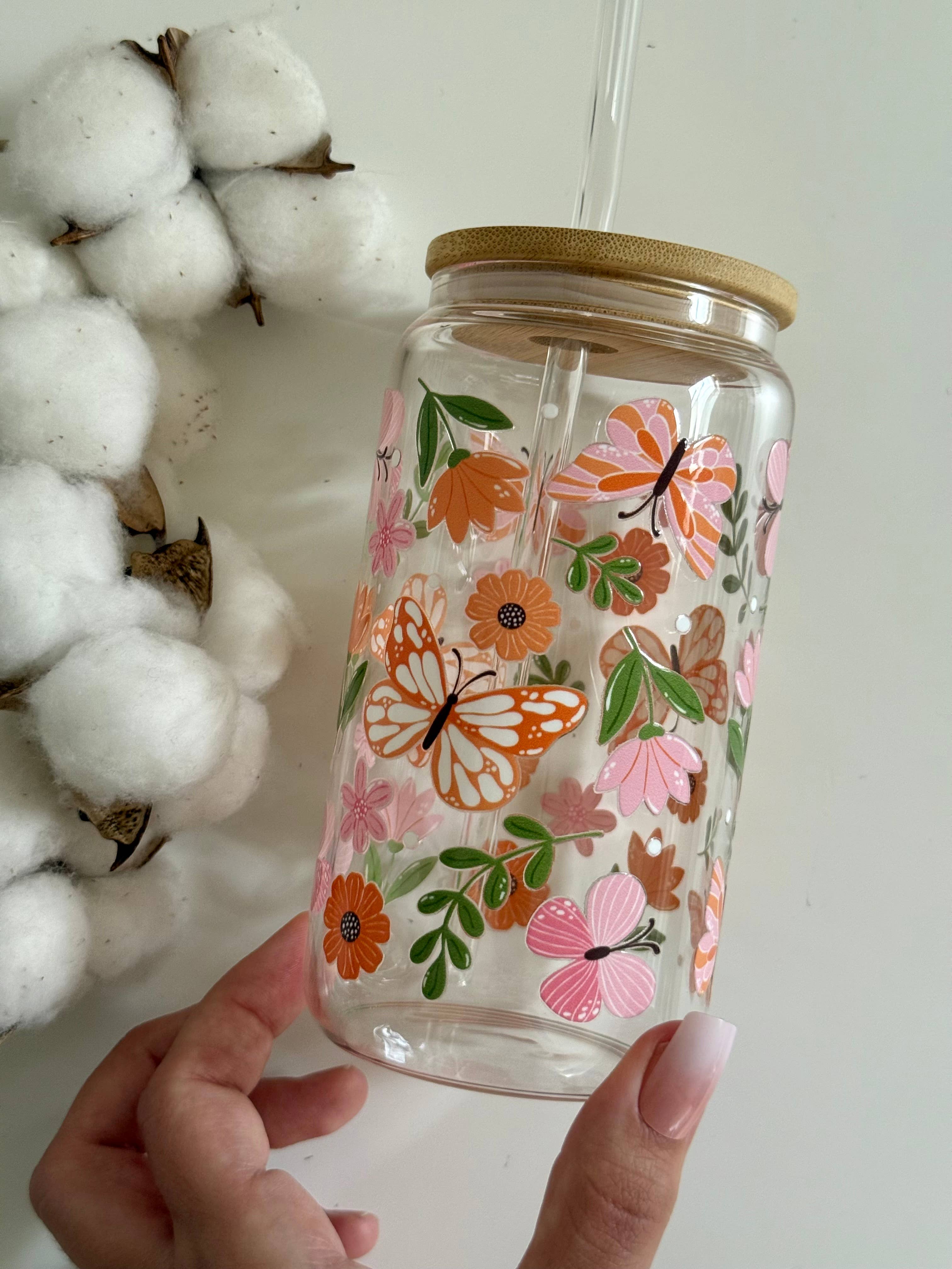 the cute cloud - Wholesale Drinking Glass/Cup - Butterfly Garden Glass Tumbler Double Sided Print with Lid and Straw3