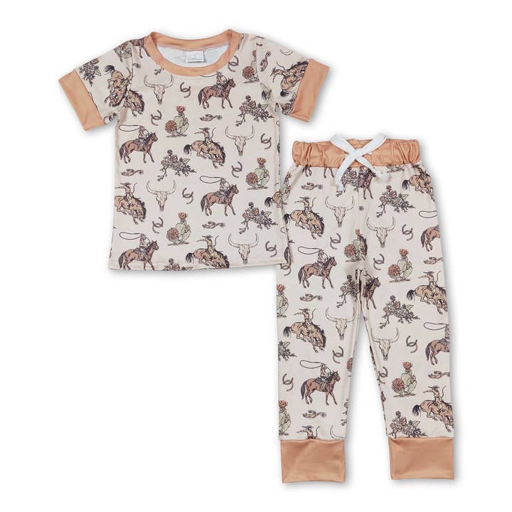 Yawoo Garments - Wholesale Sleepwear Set - Kids - Short sleeves horse rodeo kids boys western pajamas