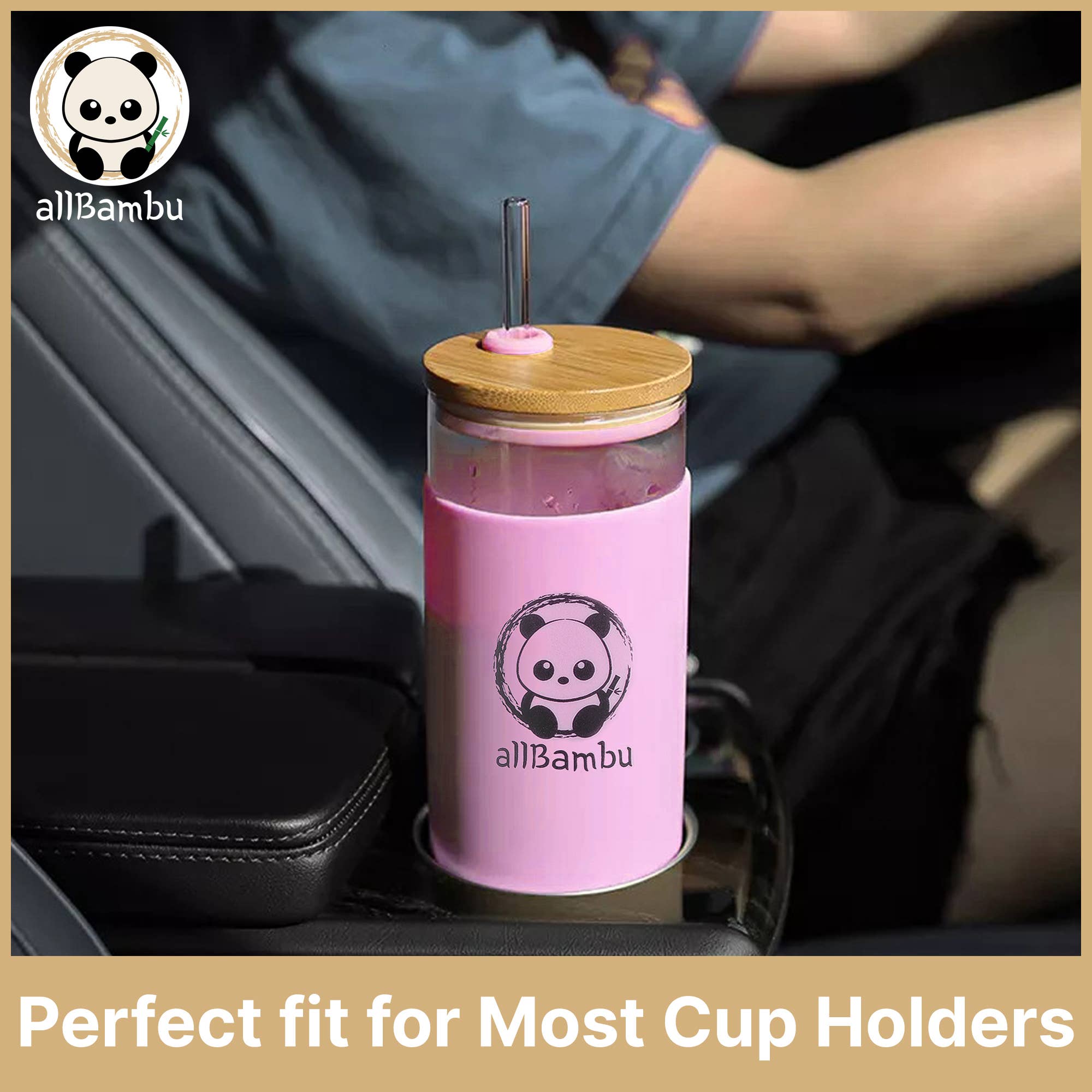 allBambu Inc - Wholesale Drinking Glass/Cup - Glass Tumbler, Glass Coffee Cup with Bamboo Lid & Straw 20oz6