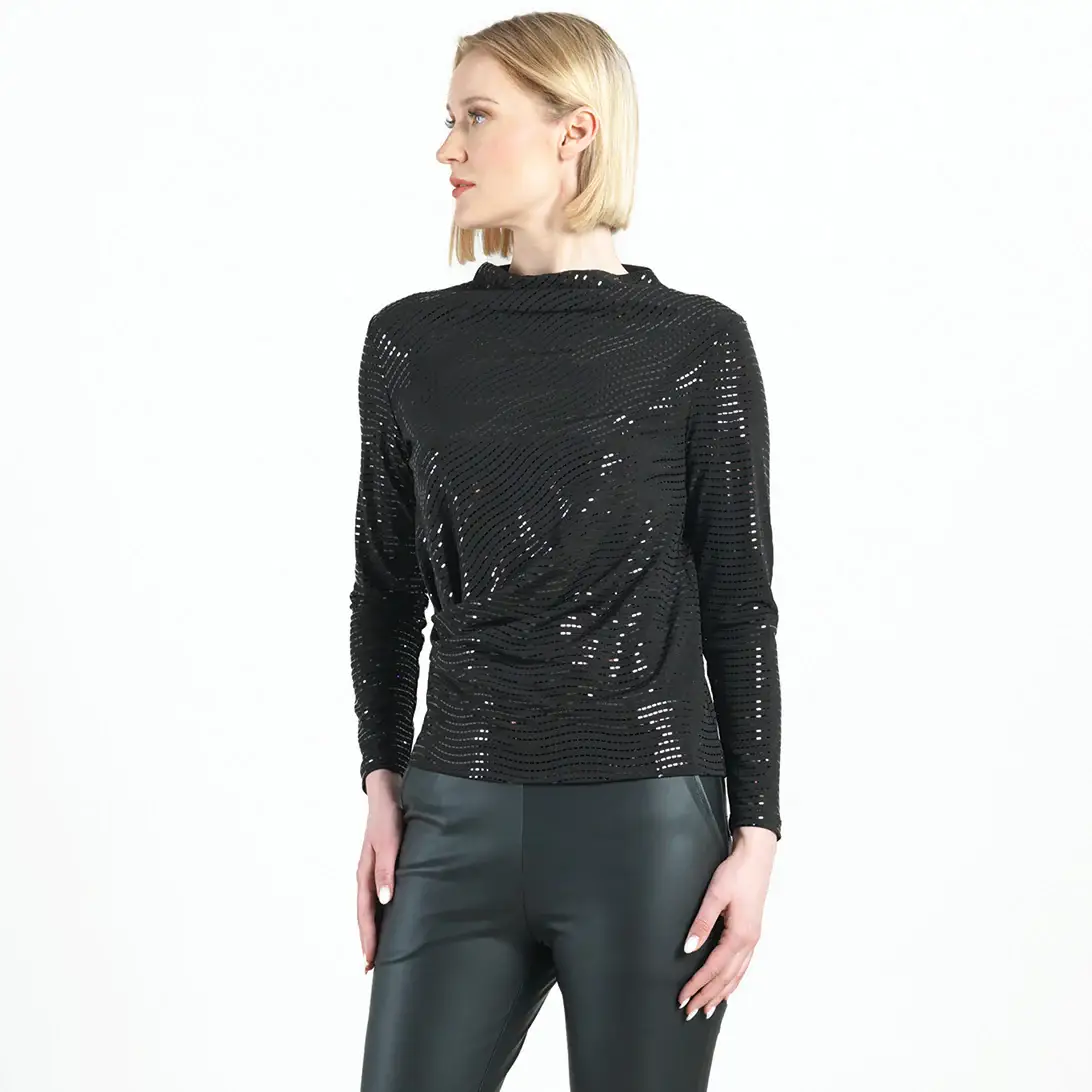 NERO T413S2 - Top con drappeggio laterale con scollo a barca alto decorato con brillantini in vendita all'ingrosso su Faire4