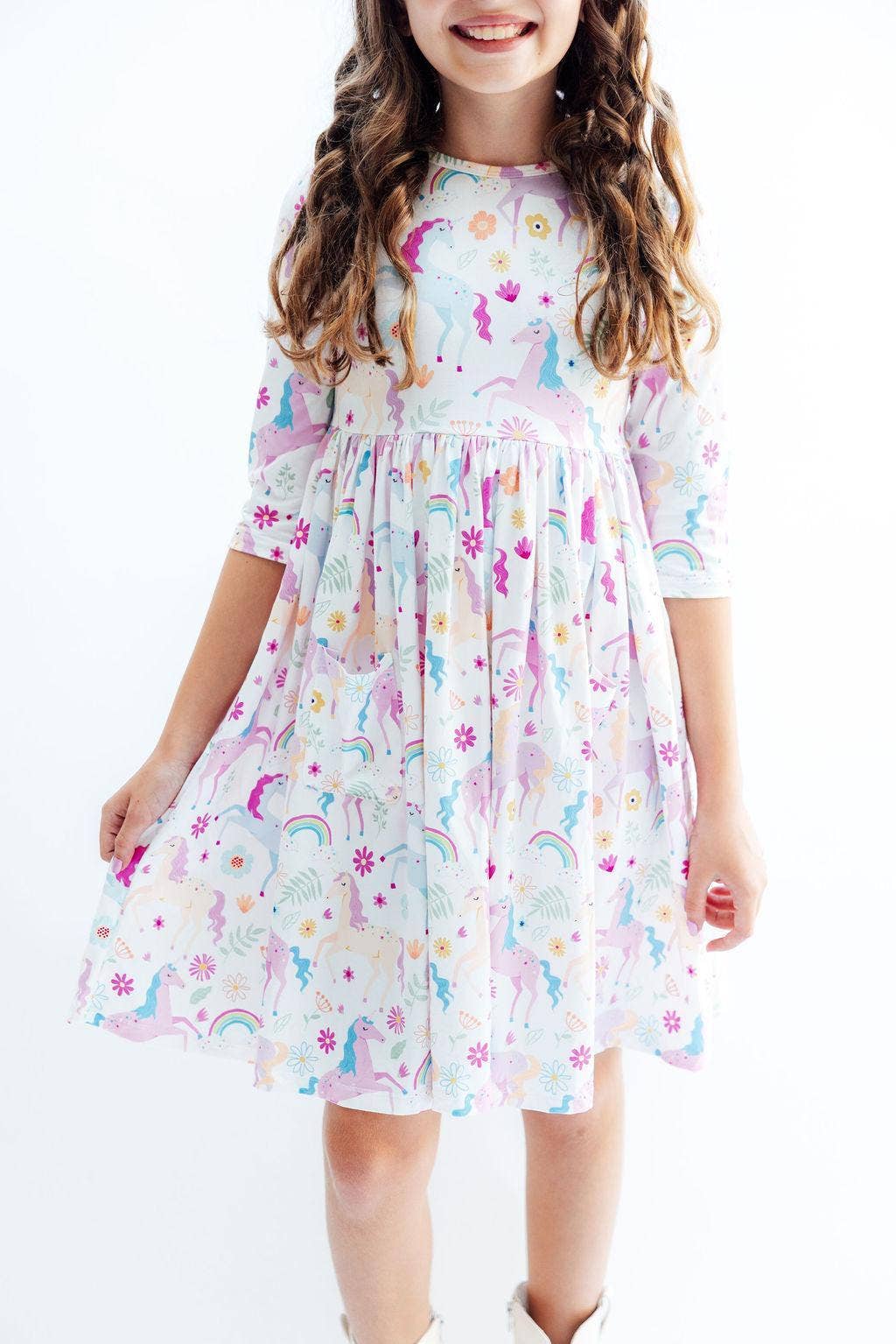 Mila & Rose - Wholesale Dress - Kids - Rainbow Vibes 3/4 Sleeve Pocket Twirl Dress0