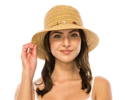 DNMC - Wholesale Straw Hat - Women's - Straw Summer Women's Bucket Hat w/ Seashells0