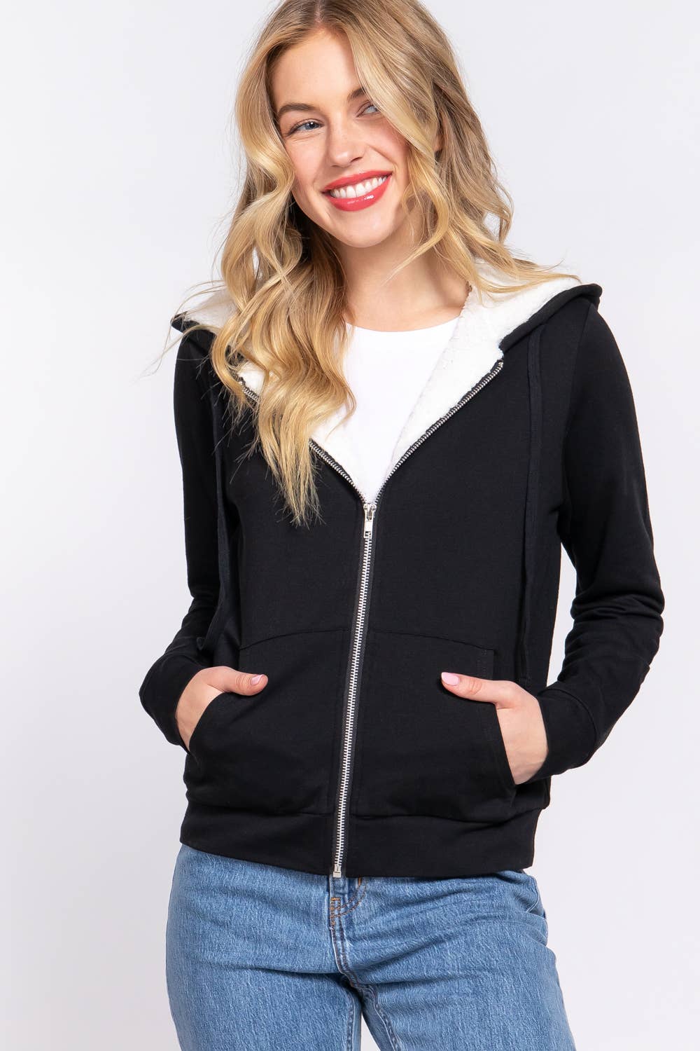 Active Basic | Active USA - Venta al por mayor Sudadera con capucha - Mujer - Chaqueta interior de felpa francesa con capucha y cremallera de piel sintética4