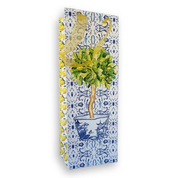 Bolsa de papel para vino azul y blanca con diseño de limonero para venta al por mayor de French Graffiti