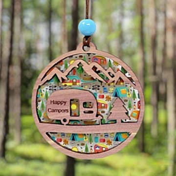 Camper Sun Catcher with campsite backing for wholesale by Rambling Rooster Crafts