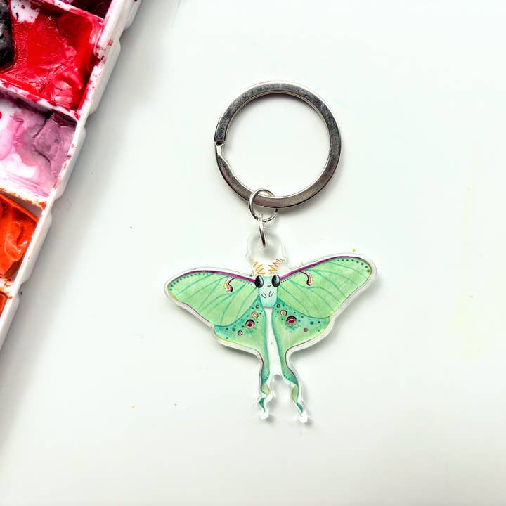 Luna Moth Watercolor Keychain – Butterfly Insect Accessory for wholesale by Owlfeathers Watercolor