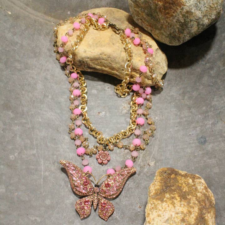 Just Dance Pink Butterfly Layered Necklace for wholesale by The Primitive Peddler, Inc.