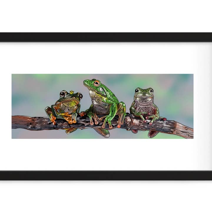 3 Ornate Frogs on a Log, Frog Prince, Art Print, Panoramic for wholesale by The Vela Ranch