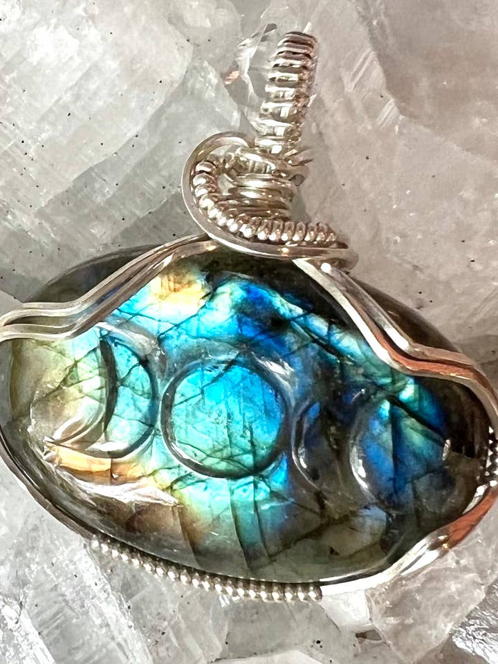 Sterling Silver Wire Wrapped Carved Labradorite Pendant for wholesale by Graced Jewelry