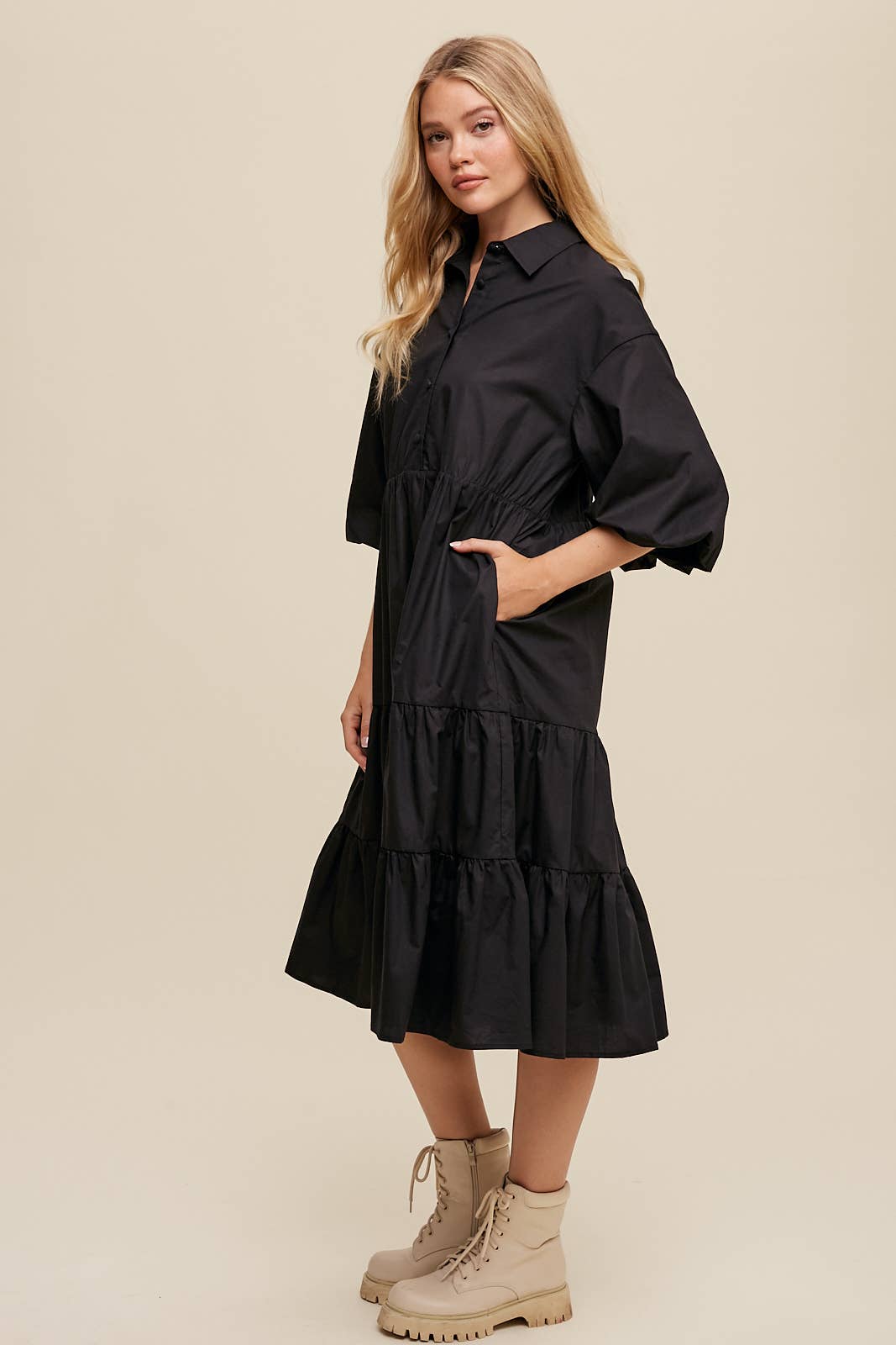 Listicle - Wholesale Dress - Women's - Tiered Poplin Shirt Dress5
