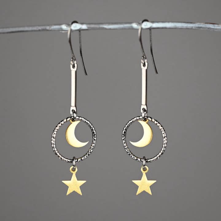 Moon & Star Mixed Metal Bar Faceted Circle Earrings for wholesale by KBD Studio