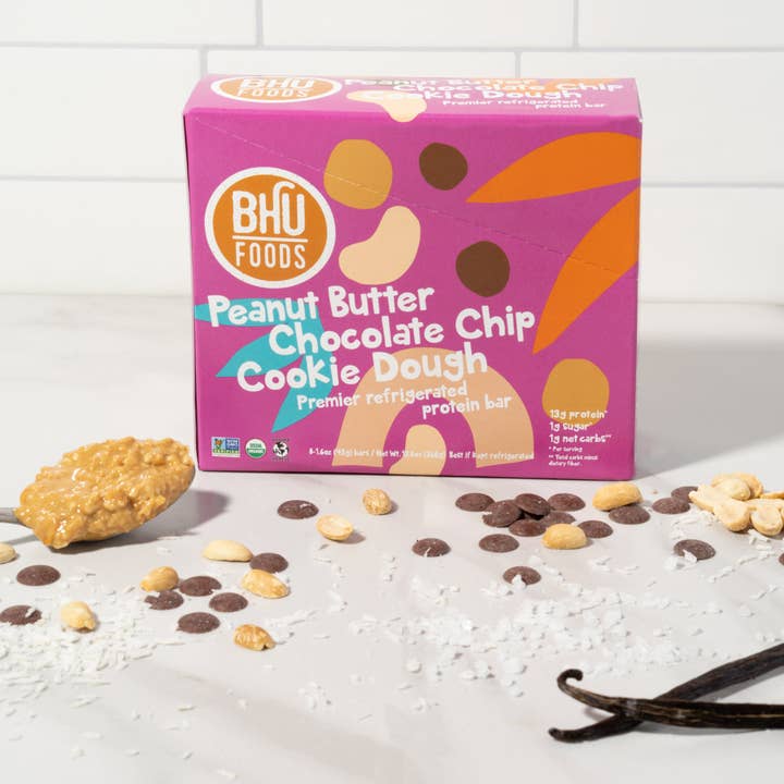 Bhu Foods - Wholesale Snack Bar - KETO Protein Bar - Peanut Butter Chocolate Chip Cookie Dough (8 bars)