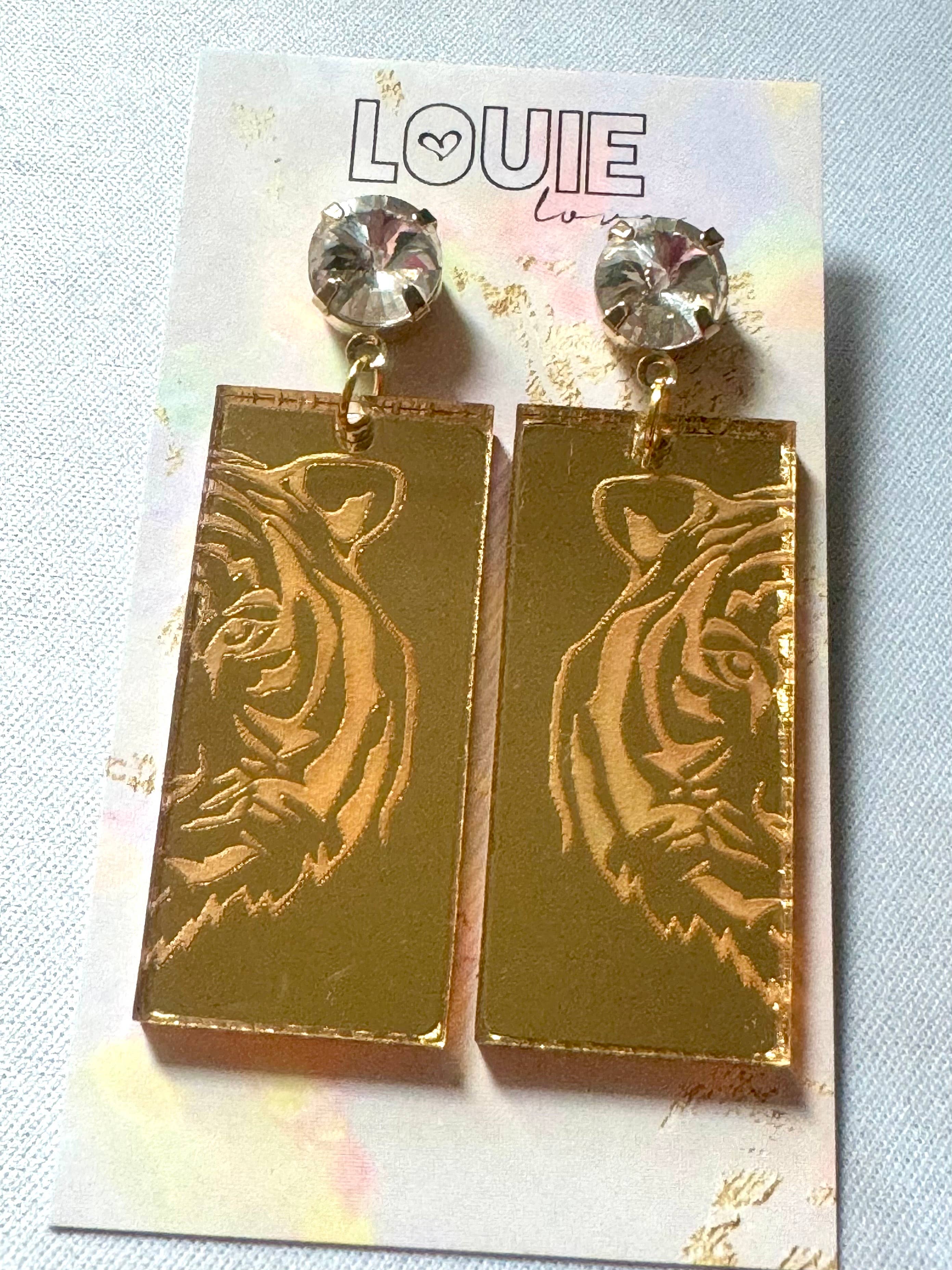 Louie Love - Vente Boucles d'oreilles pendantes - Boucles d'oreilles rectangulaires en forme de tête de tigre en acrylique doré 2