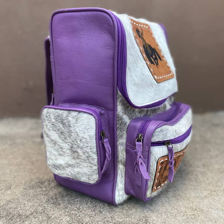 Western Linens - Wholesale Backpack - Women's - Purple Leather Bucking horse Cowhide Backpack
