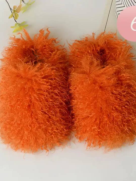 Orange Journey Faux Fur Slides for wholesale by Italy's Kloset