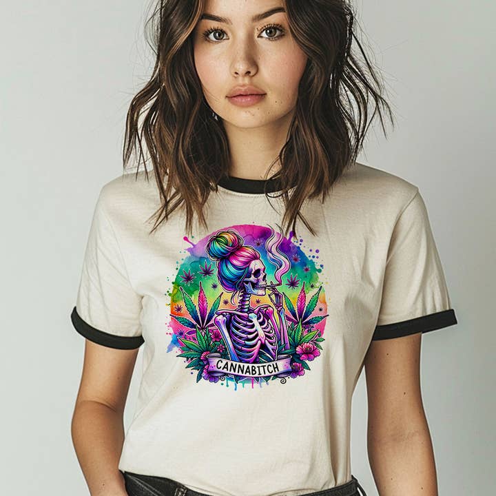 Cannabitch Skeleton Hippie - Funny Hemp Weed Ringer Tee for wholesale by House Of Rodan