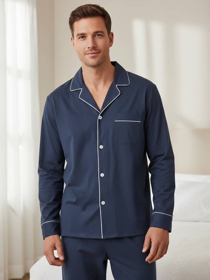 Mens 2-Piece Cooling Pajama Set made from Eucalyptus Tencel - Hypoallergenic and Eco-Friendly Fabric for wholesale by Noble Mount