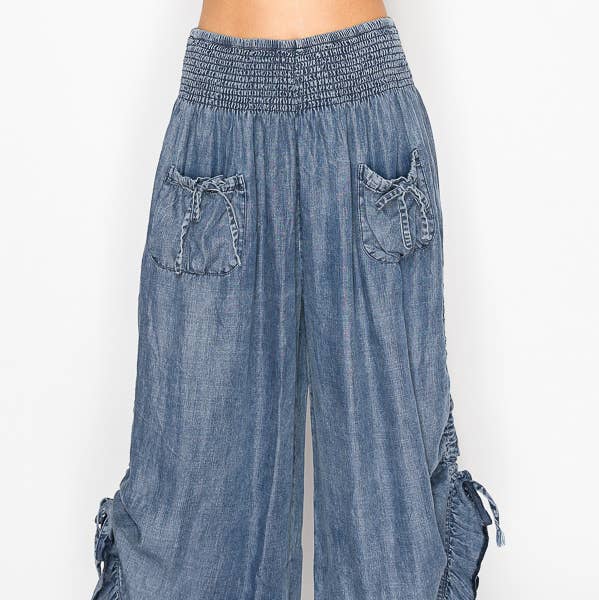 Smocked Ruffle Hem Side Tie Chambray Pants- 4932SW DENIM for wholesale by Origami Apparel ~ Lace and Crochet inspired