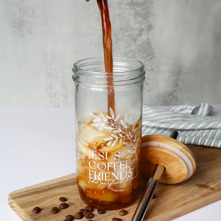 Grace and Joy Company - Wholesale Drinking Glass/Cup - Jesus, Coffee and Friends Floral Glass Tumbler + Bamboo Lid