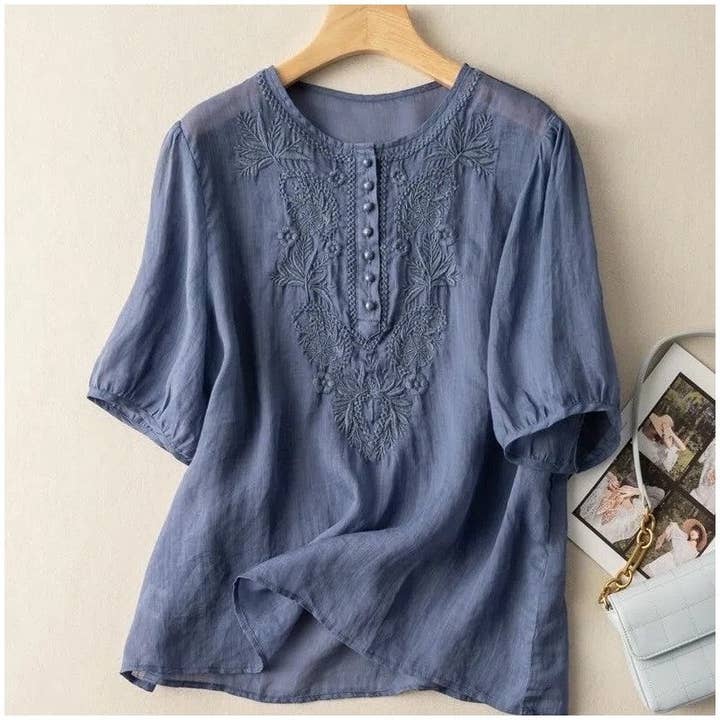 FurDecoration - Wholesale Blouse - Women's - Flowy Floral Embroidered Cotton Linen Blouse