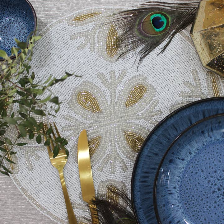 Round White & Gold Handmade Hand Beaded Placemat for wholesale by Rosenbelle London