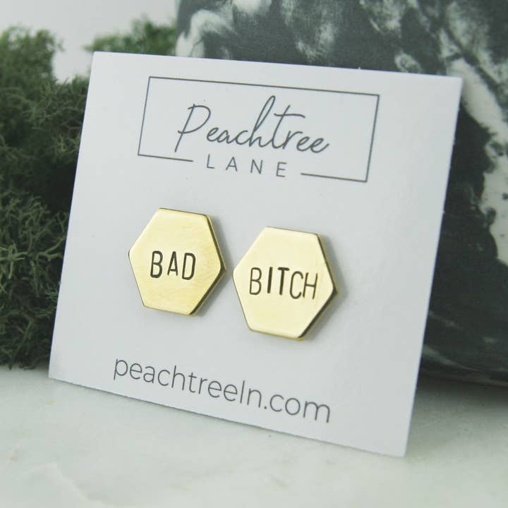 Bad Bitch Hand-Stamped Brass Hexagon Earrings for wholesale by Peachtree Lane Co.