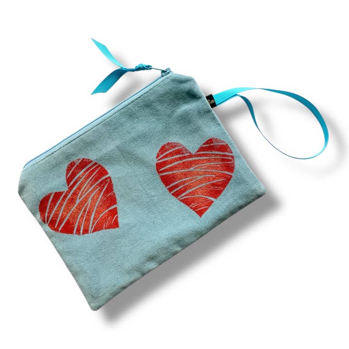 Sky Blue Love Heart velvet zip-up pouch for wholesale by Raina Atelier