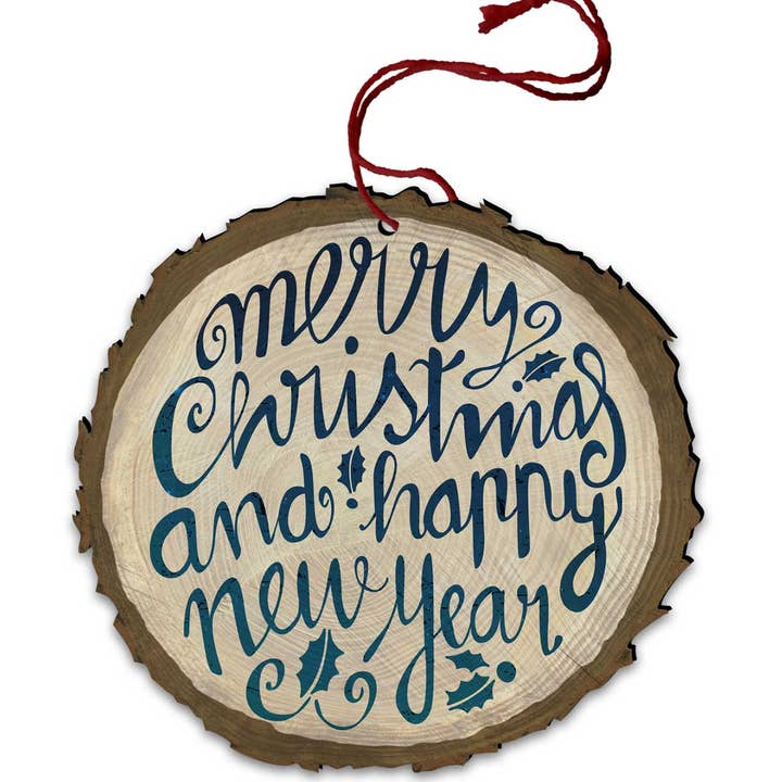 "Merry Christmas and a Happy New Year" Cursive Wood Ornament for wholesale by Nelson Gifts Wholesale