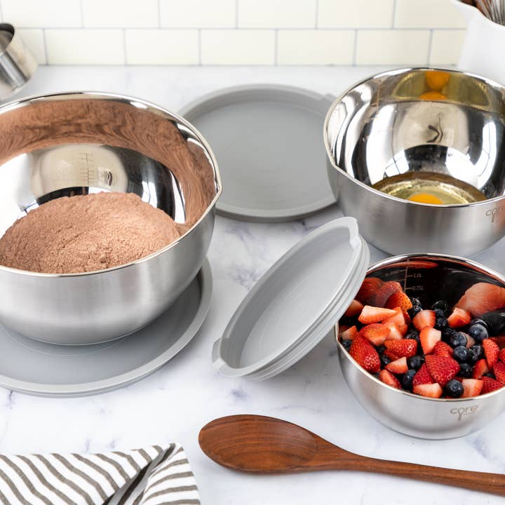 Core Home - Wholesale Mixing Bowl - 6pc Essentials Non-Skid SS Mixing Bowls w/ Lids Set2