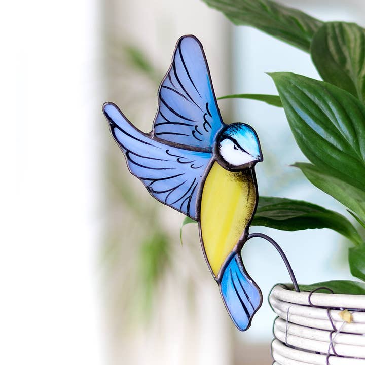 Blue Tit Bird Stained Glass Plant Pot Hugger for wholesale by Avalglass