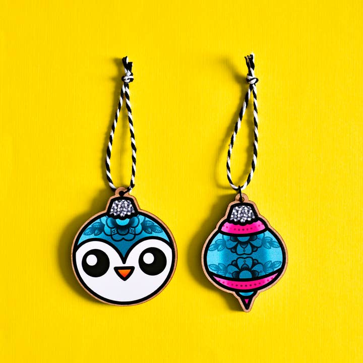 kawaii teal penguin bauble wooden ornament set for wholesale by jesiiii