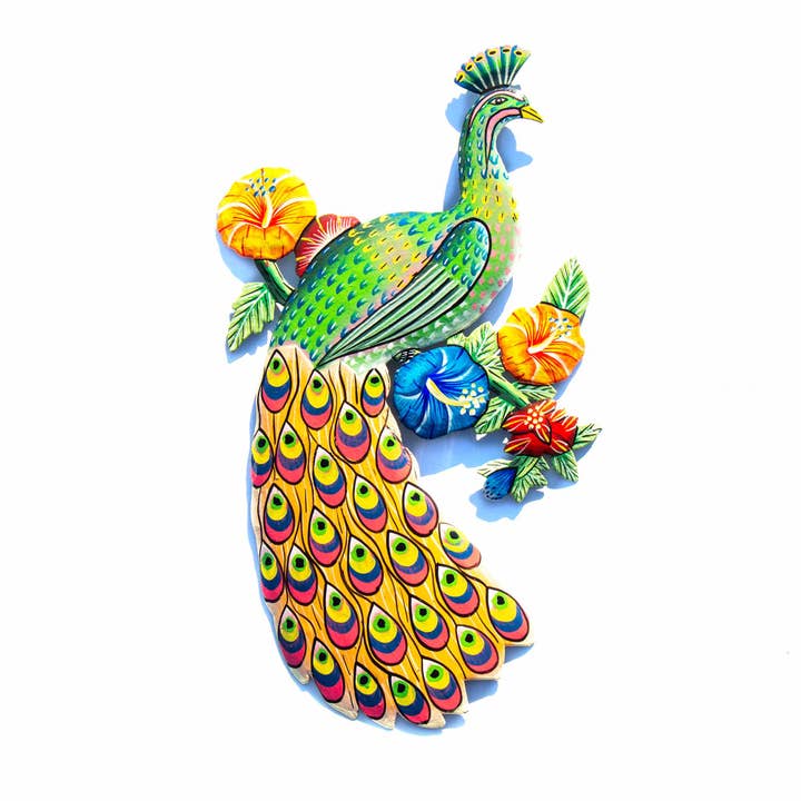 Global Crafts - Wholesale Wall Accent - Peacock and Hibiscus Painted Haitian Steel Drum Wall Art