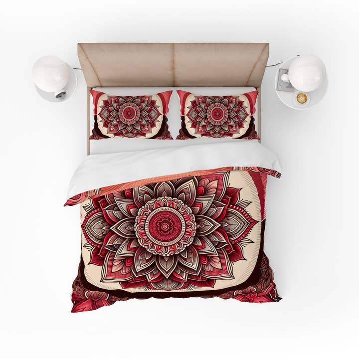 Conjunto de capa de edredão com capa de edredão reversível Bohemian Flaming Red Indian Mandala por atacado de Adore India