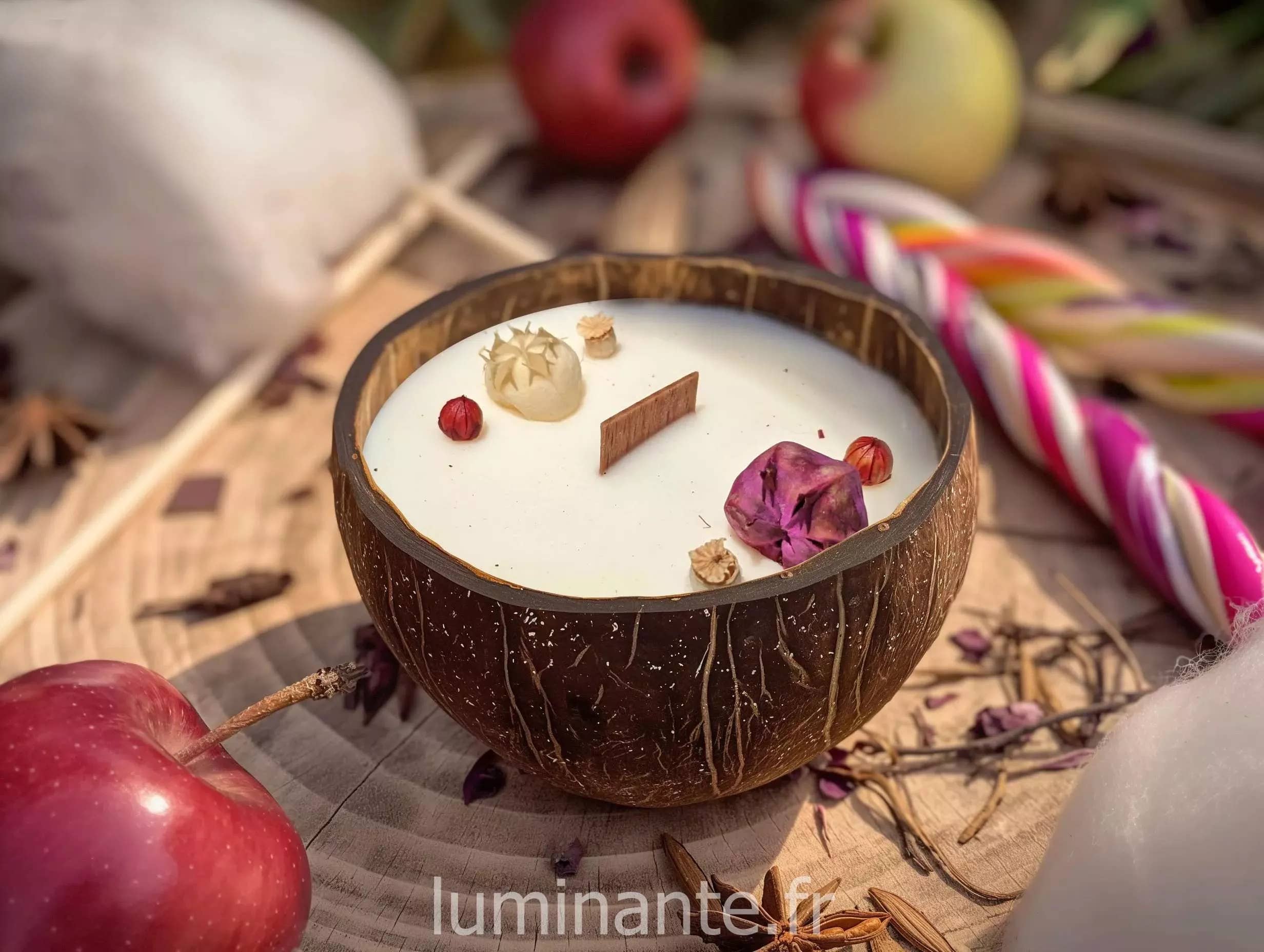 LUMINANTE - Vente Bougie en bocal - La Bougie qui devient plante Pomme d'Amour modèle "coco"