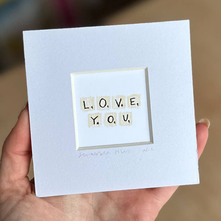 'Love You' Scrabble Tiles Signed Mini Art Print for wholesale by Natalie Cass Art