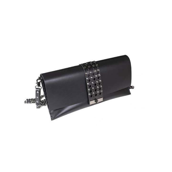 The Eclipse Black Italian Leather Clutch with Studded Strap for wholesale by The Dark