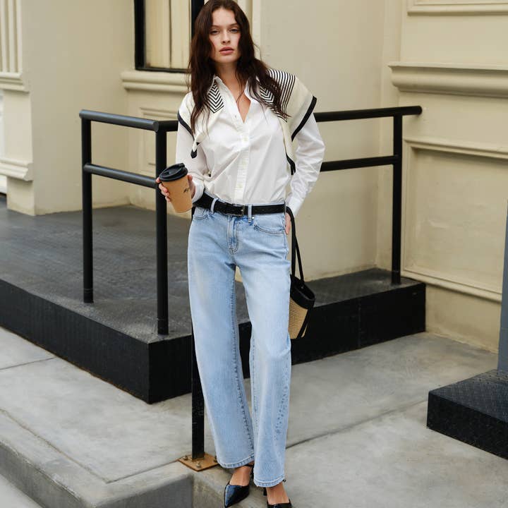 LIGHT BLUE MID RISE BARREL DENIM JEANS WITH FINISHED HEM BYOX010 for wholesale on Faire