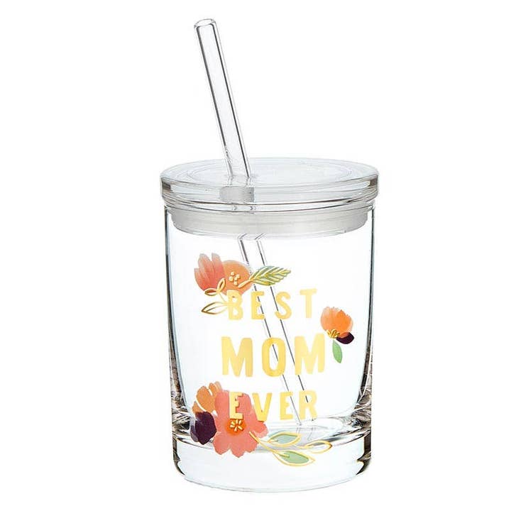 Glass DOF with Lid and Straw - Best Mom Ever for wholesale by Angle