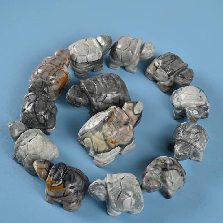 Figurine en cristal de tortue sculptée en jaspe Picasso de 1,5 po et 2 po pour la vente par ilovebeadsusa