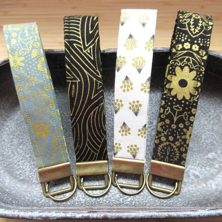 Key Wristlet, Floral Wristlet Keychain, Black and Gold Key Fob, Keychain Wristlet, Black Wristlet Keychain, Floral Key Fob, Wrist Lanyard for wholesale by Thread and Purls