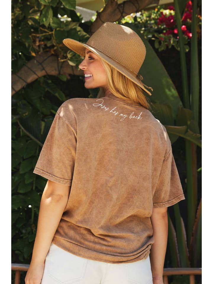 OAT COLLECTIVE - Vente T-shirt sérigraphié – femme - Haut graphique délavé à imprimé minéral JESUS HAS MY BACK2