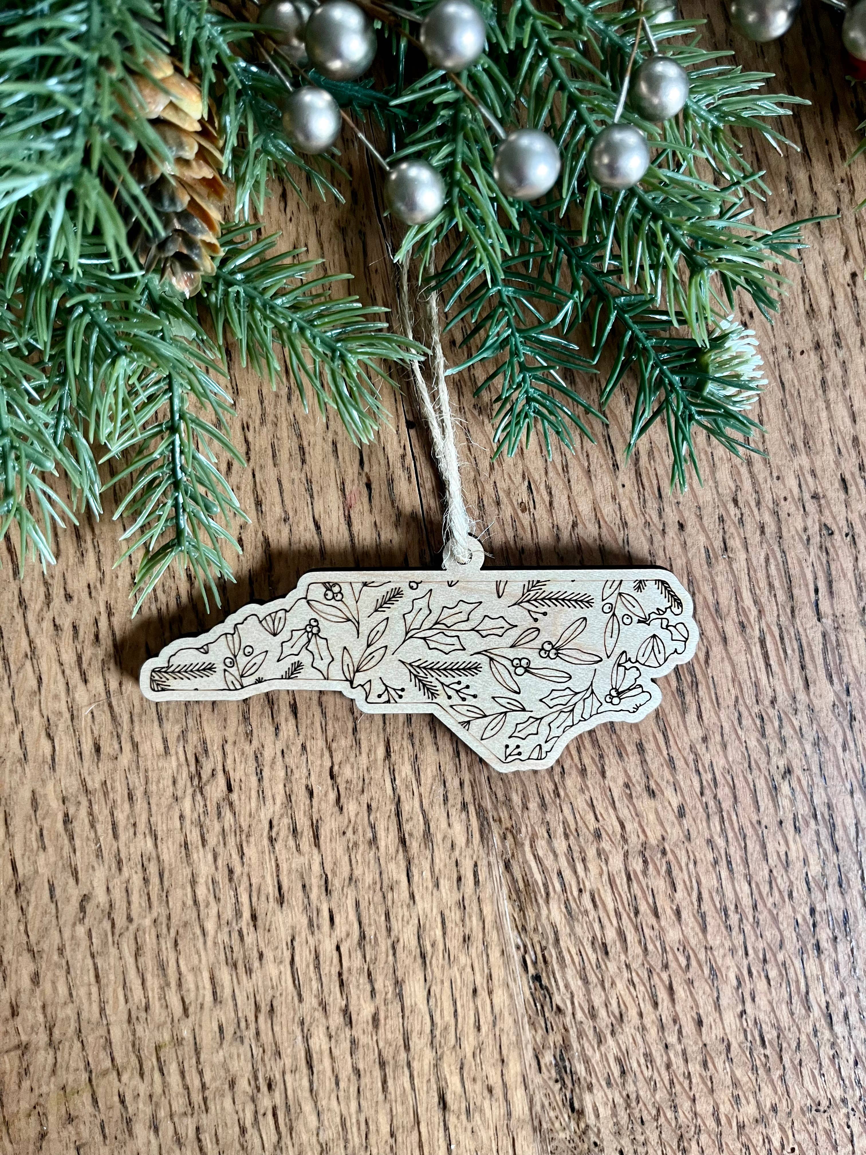 Rustic Raleigh - Wholesale Ornament - North Carolina Christmas Floral Wooden Christmas Ornament 1