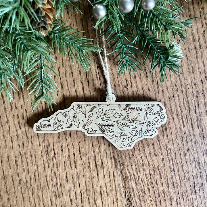 Rustic Raleigh - Wholesale Ornament - North Carolina Christmas Floral Wooden Christmas Ornament 1