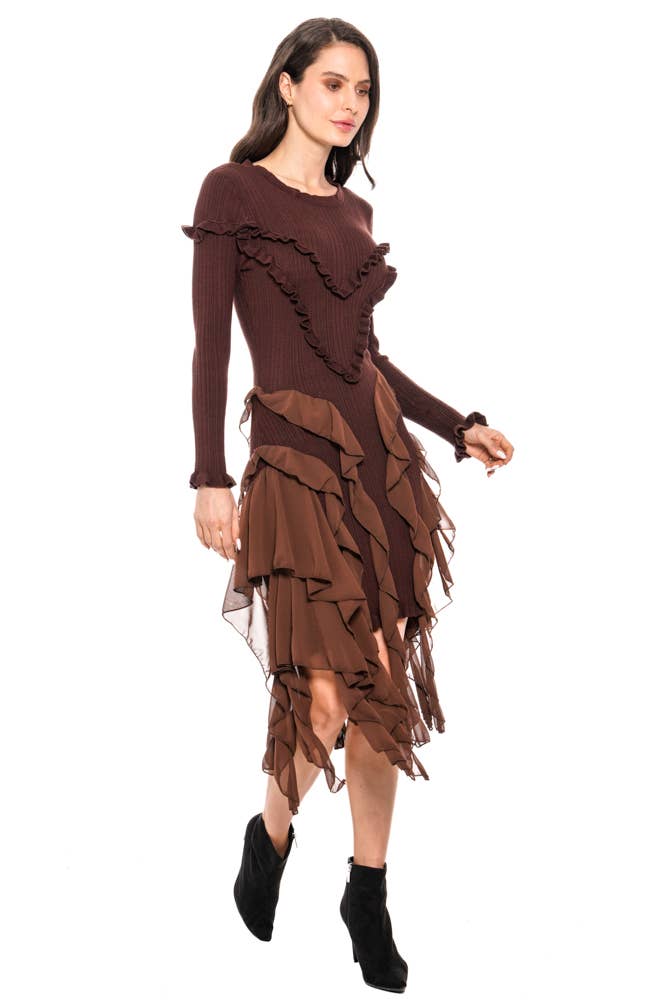 Adore – Vestido - Mulher por atacado – L-801B – Vestido Misturado de Malha e Chiffon com Folho0