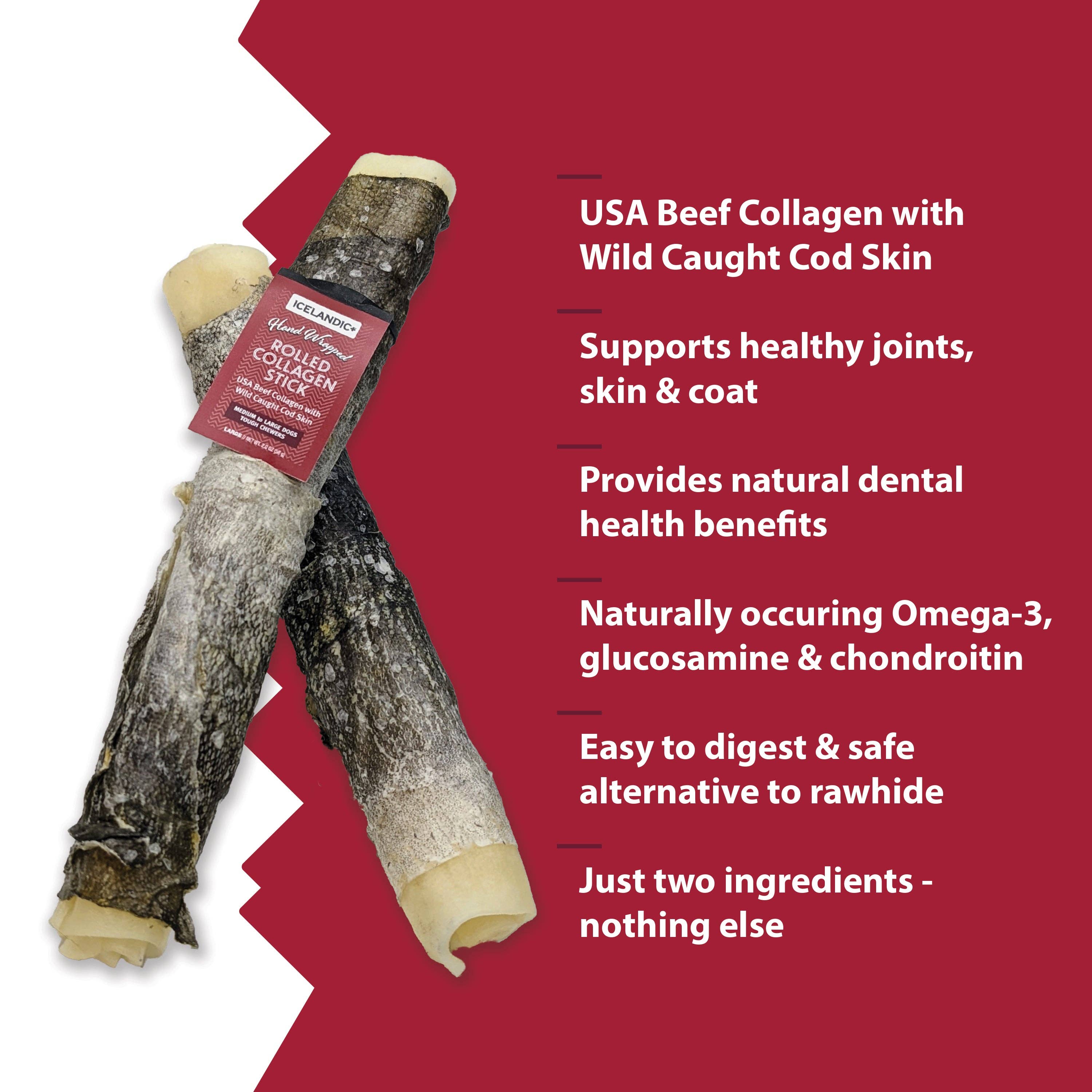 Icelandic+ - Vente Friandises – chien - Bâtonnet à mâcher de 8" en collagène de bœuf roulé enveloppé de peau de morue2