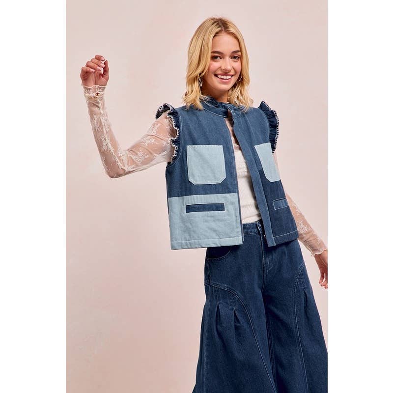 Washed Denim Vest With Block And Shirring Details for wholesale on Faire7