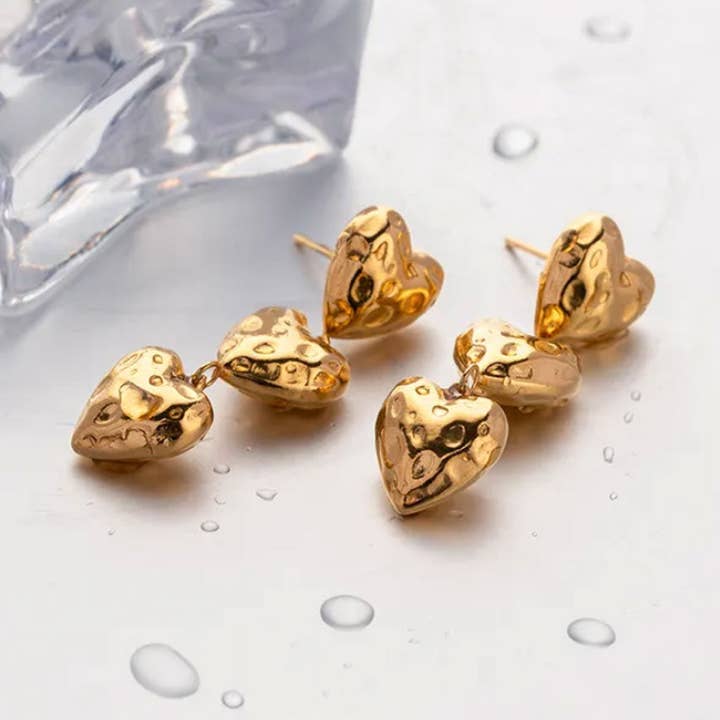 Heart Dangle Earrings – Gold Drop Statement Earrings for wholesale by Peachy Accessories LLC