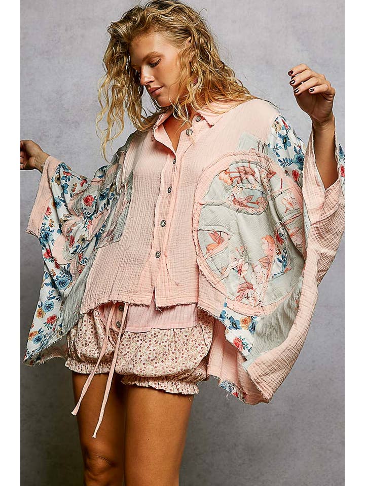 Pol Clothing - Wholesale Button Down Shirt - Women's - 3/4 sleeve roomy fit floral printed shirt top